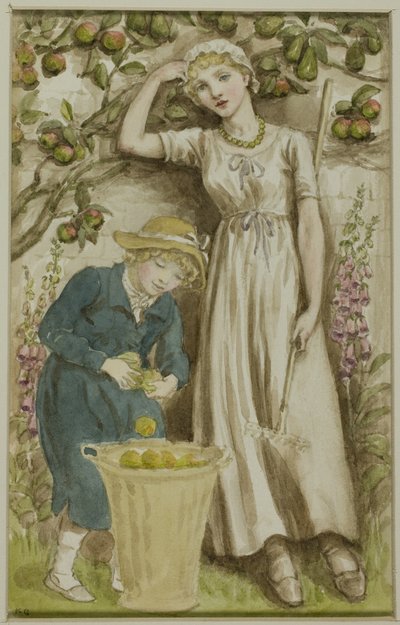 Fille et garçon cueillant des pommes - Kate Greenaway