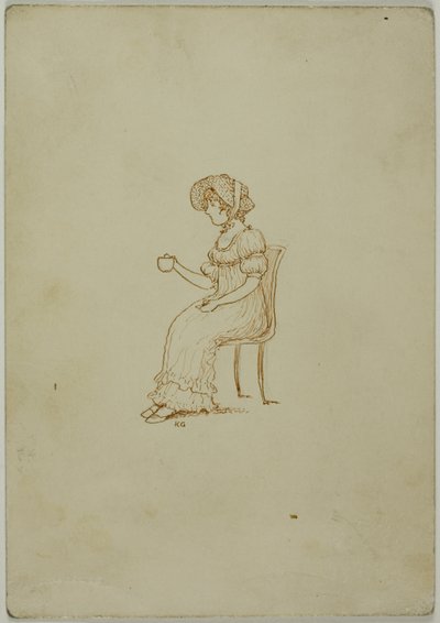 Fille assise tenant une tasse de thé - Kate Greenaway