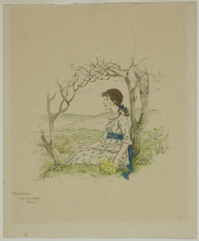Fille assise avec des primevères - Kate Greenaway