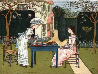 Moment de la journée : deux jeunes filles dégustant dans un jardin. Illustration de Kate Greenaway (1846-1901) du livre de contes et comptines pour enfants "Under The Window" (1879), édité par Edmund Evans. - Kate Greenaway