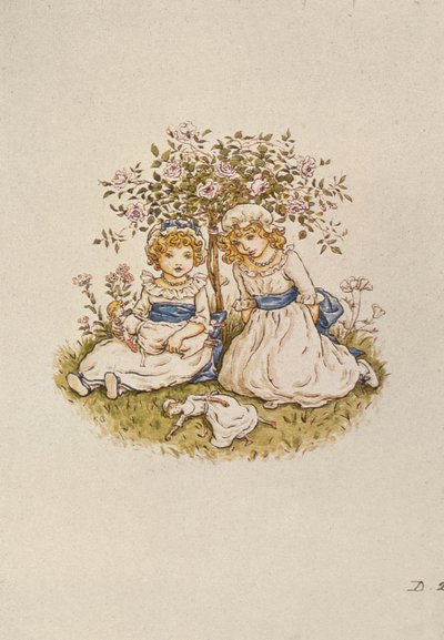 Deux filles avec des poupées assises sous un rosier, 19ème siècle - Kate Greenaway