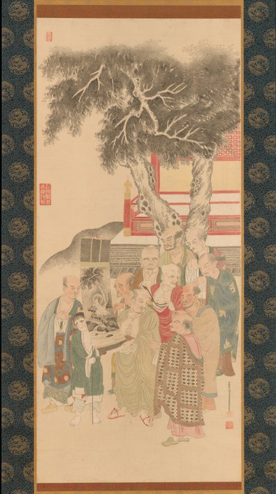 Dix Rakan examinant une peinture de Kannon en robe blanche, 1792 - Kato Nobukiyo