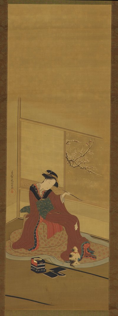 Intérieur : une fille et un chaton, période Edo, fin du 18e siècle - Katsukawa Shuncho
