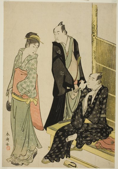 Les acteurs Onoe Matsusuke I et Ichikawa Omezo I dans une maison de thé - Katsukawa Shuncho