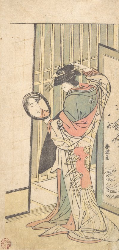 Une courtisane regardant son reflet dans un miroir à main - Katsukawa Shun