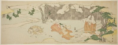 Court Ladies on a Balcony Watching a Woman and a Girl Chasing a Man in the Yard under Blossoming Cherry Trees (dames de cour sur un balcon regardant une femme et une fille poursuivant un homme dans la cour sous des cerisiers en fleurs) - Katsukawa Shun