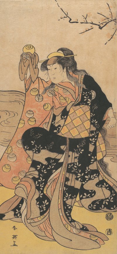 Le quatrième Iwai Hanshiro en femme tenant une boule de cristal et dansant sur la rive - Katsukawa Shun