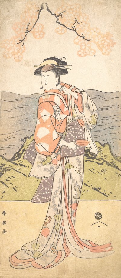 Le quatrième Iwai Hanshiro en femme sous un cerisier - Katsukawa Shun