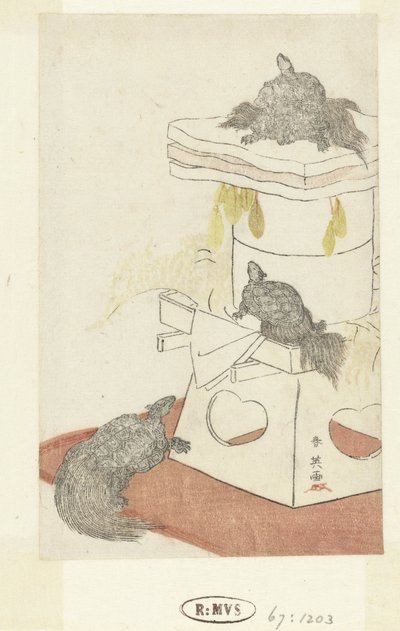 Tortues grimpant sur une décoration du Nouvel An - Katsukawa Shunei