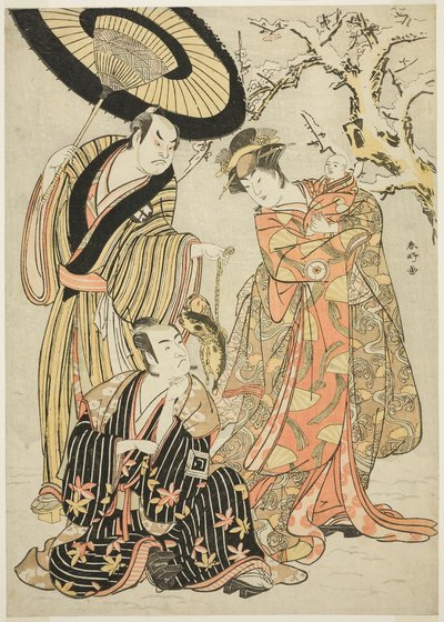 Les acteurs Iwai Hanshirô IV, Ichikawa Monnosuke II, et Sakata Hangorô III, dans "Snowflakes : Relever le niveau à Izu" ("Mutsu no Hana Izu no Hataage") - Katsukawa Shunkо̄