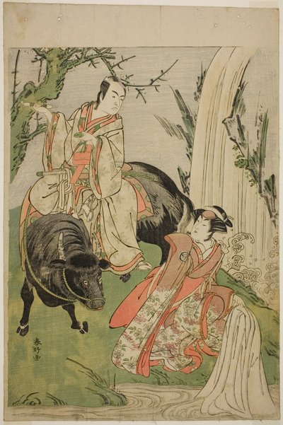 Les acteurs Segawa Kikunojo III dans le rôle de la princesse Hatsune (Hatsune Hime) (à droite), et Ichikawa Monnosuke II dans le rôle de Miyukinosuke Yukinari, dans la pièce Otokoyama Furisode Genji, jouée au théâtre Kiri le onzième mois de l