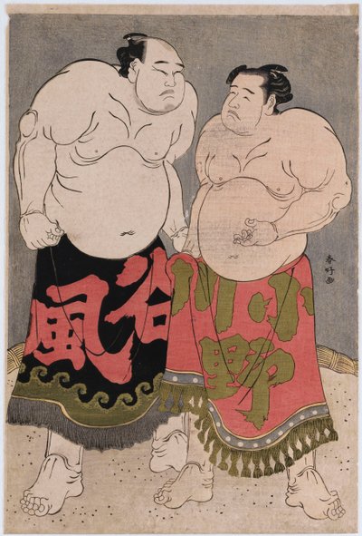Portraits en pied des lutteurs Onogawa Kisaburo, à droite, et Tanizake Kajinosuke, à gauche - Katsukawa Shunko