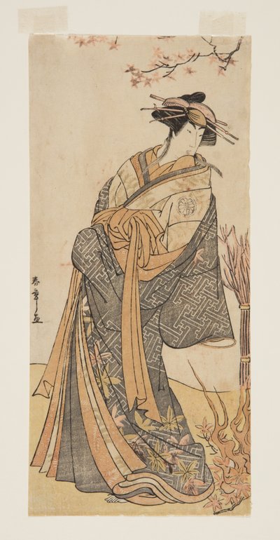 Acteur Segawa Tomisaburo II en tant que grande courtisane debout dans une pièce - Katsukawa Shunsho