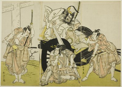 Les acteurs Nakajima Mihoemon II (Fujiwara no Shihei), Ichikawa Ebizô III (Matsuo-maru), Ichikawa Yaozô II (Sakura-maru) et Ichimura Uzaemon IX (Umeo-maru) dans "Sugawara