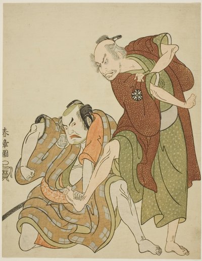 Acteurs jouant les rôles de Giheiji et de son gendre, Danshichi Kurobei - Katsukawa Shunsho
