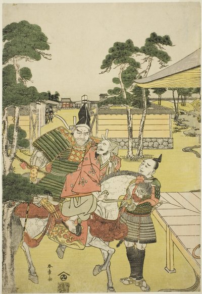 Musashibo Benkei amène le captif Tosabo Shoshun à Yoshitsune dans la pièce Horikawa Youchi no Zu Uki-e Nimaitsuzuki, vers 1782 (estampe sur bois en couleur; oban) - Katsukawa Shunsho