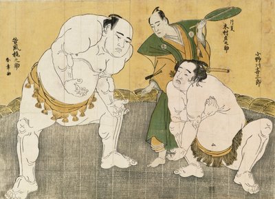 Onagawa Kisaburo et Tanikaze Kajinosuke exécutant le Shiriki dans le Dohyo, arbitrés par Kimura Shonosuke - Katsukawa Shunsho