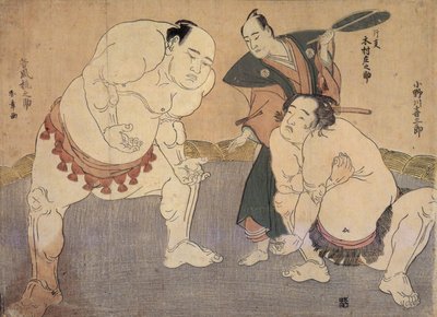 Onagawa Kisaburo et Tanikaze Kajinosuke exécutant le Shiriki dans le Dohyo, arbitrés par Kimura Shonosuke - Katsukawa Shunsho