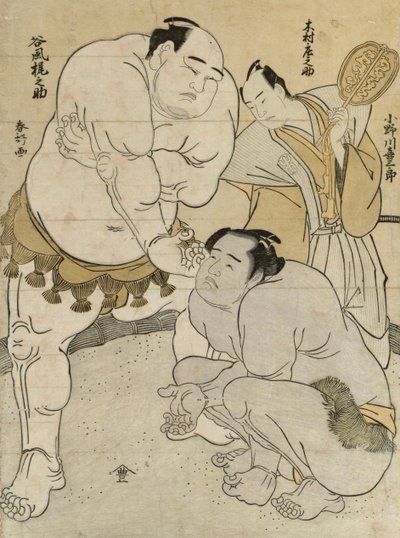 Préparations pour le Match entre Onagawa Kisaburo et Tanikaze Kajinosuke, arbitré par Kimura Shonosuke - Katsukawa Shunsho