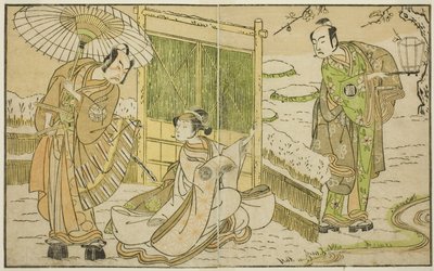 Les acteurs Arashi Sangoro II en Minamoto no Yoritomo (à droite), Segawa Kikunojo II en Yuki Onna (au centre), et Ichimura Uzaemon IX en Kajiwara Genta no Kagetoki, dans la pièce Myoto-giku Izu no Kisewata, jouée au théâtre Ichimura en novembre - Katsukawa Shunsho