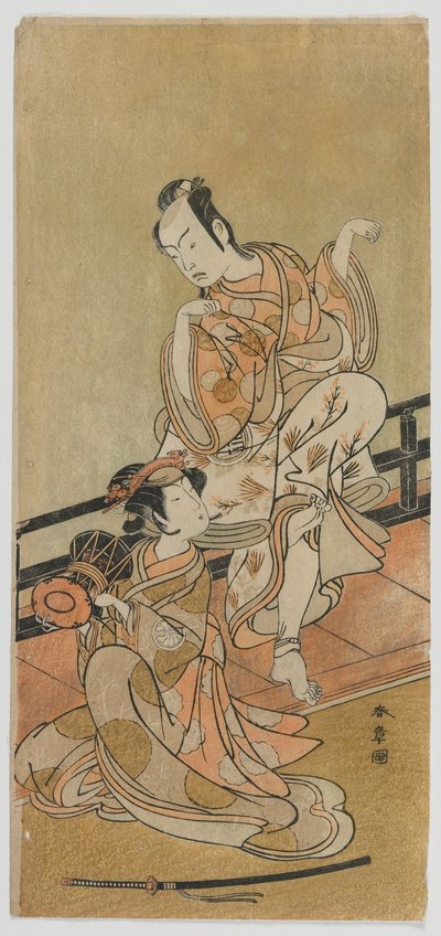 Les acteurs Arashi Sangoro II en Tadanobu et Segawa Kikunojo III en Shizuka Gozen dans la pièce Yoshitsune et les mille cerisiers, époque Edo - Katsukawa Shunsho