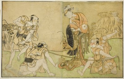 Les acteurs Bando Zenji I en Nagahashi Saburo, Iwai Hanshiro IV en Otatsu-gitsune, Nakamura Konozo en Hagai Ujitsune, et un acteur non identifié (de droite à gauche), dans la pièce Nue no Mori Ichiyo no Mato, jouée au théâtre Nakamura en novembre - Katsukawa Shunsho