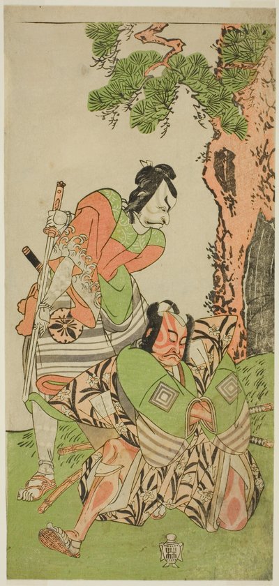 Les acteurs Ichikawa Danzo III comme I no Hayata Tadazumi (à droite), et Matsumoto Koshiro II comme Osada no Taro Kagemune déguisé en Yatsurugi Zaemon (à gauche), dans la pièce Nue no Mori Ichiyo no Mato, jouée au théâtre Nakamura en novembre 1770 - Katsukawa Shunsho