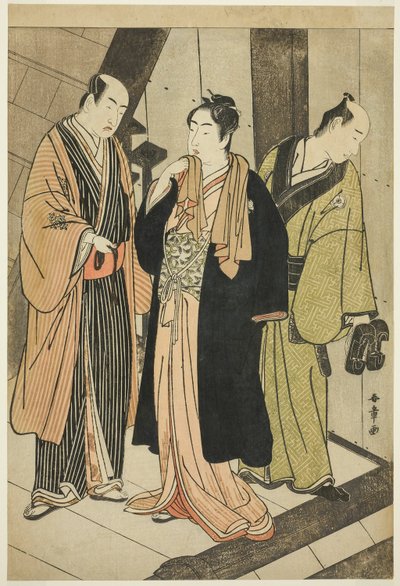 Les acteurs Ichikawa Monnosuke II (à gauche), Iwai Hanshiro IV (au centre), et Iwai Karumo (?) (à droite), sur un débarcadère en coulisses - Katsukawa Shunsho