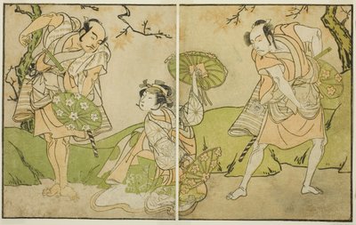 Les acteurs Ichikawa Somegoro (à droite), Segawa Kikunojo II (au centre) et Bando Sampachi (à gauche), dans des rôles non identifiés de la pièce Myoto-giku Izu no Kisewata, jouée au théâtre Ichimura en novembre 1770 - Katsukawa Shunsho