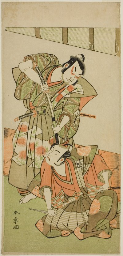 Les acteurs Ichikawa Yaozo II en tant que Konoshita Hyokichi (?) (à droite), et Sakata Hangoro II en tant que Matsunaga Daizen Hisahide (?) (à gauche), dans la pièce Gion Sairei Shinko Ki (?), jouée au théâtre Ichimura (?) au cinquième mois, 1775 (?) - Katsukawa Shunsho