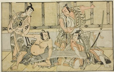 Les acteurs Ichikawa Yaozo II en Kujaku no Saburo, Matsumoto Koshiro II en Hata no Daizen Taketora, Nakajima Mihoemon II en Aramaki Mimishiro, et Nakamura Shocho I en Ki no Tsurayuki (de droite à gauche), dans la pièce Kuni no Hana Ono no Itsumoji, jouée à - Katsukawa Shunsho