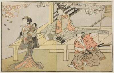 Les acteurs Ichikawa Yaozo II en Yoshimine no Munesada (à droite), Yoshizawa Sakinosuke III en Shizuya (au centre), et Nakamura Matsue I en Sakuragi (à gauche), dans la pièce Kuni no Hana Ono no Itsumoji, jouée au théâtre Nakamura en novembre 1771 - Katsukawa Shunsho