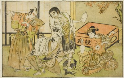 Les Acteurs Iwai Hanshiro IV comme Otatsu-gitsune, Nakamura Nakazo I comme Raigo Ajari, Sakata Tojuro III comme Kamada Gon-no-kami Masayori, et Ichikawa Yaozo II comme Sakon-gitsune (de droite à gauche), dans la pièce "Nue no Mori Ichiyo no Mato," jouée au - Katsukawa Shunsho