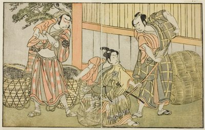 Les acteurs Kasaya Matakuro II comme Hagun Taro (à droite), Ichikawa Monnosuke II comme Izutsu no Suke Narihira (au centre), et Nakamura Nakazo I comme Kose no Kanaoka déguisé en Sogoro le charbonnier, dans la pièce Kuni no Hana Ono no Itsumoji, jouée au N - Katsukawa Shunsho