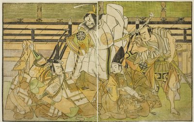 Les acteurs Nakamura Denkuro II comme Seno-o Taro, Ichikawa Komazo II comme Yorimasa, Nakamura Nakazo I comme Taira no Kiyomori, et Ichikawa Danjuro V comme Kiou Takiguchi (de droite à gauche), dans la pièce Nue no Mori Ichiyo no Mato, jouée au théâtre Nak - Katsukawa Shunsho