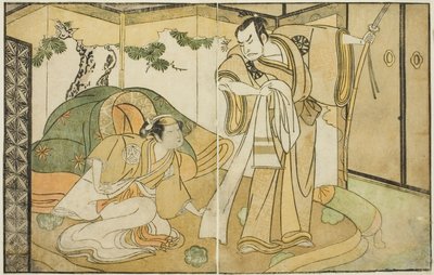 Les Acteurs Nakamura Nakazo I comme Taira no Kiyomori (droite), et Yamashita Kinsaku II comme Tokiwa Gozen (gauche), dans la pièce Nue no Mori Ichiyo no Mato, jouée au Théâtre Nakamura en novembre 1770 - Katsukawa Shunsho