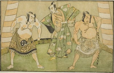 Les Acteurs Nakamura Sukegoro II comme Matano no Goro (droite), Onoe Kikugoro I comme Soga no Taro (centre), et Otani Hiroji III comme Kawazu no Saburo (gauche), dans la pièce Myoto-giku Izu no Kisewata, jouée au Théâtre Ichimura en novembre 1770 - Katsukawa Shunsho