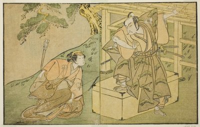 Les acteurs Onoe Matsusuke I en Akaboshi Taro (à droite), et Azuma Tozo II en Shirotae (à gauche), dans la pièce Kono Hana Yotsugi no Hachi no Ki, jouée au théâtre Ichimura en novembre 1771 - Katsukawa Shunsho