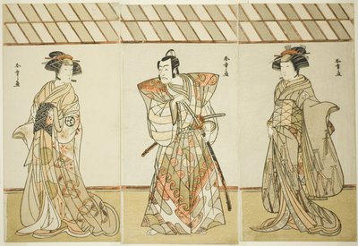 Les acteurs Onoe Tamizo I comme Nishikigi (?) ou Otae (?) (droite), Ichikawa Danjuro V comme Miura Heidayu Kunitae (?) (centre), et Osagawa Tsuneyo II comme Oyuki (?) (gauche), dans la pièce Date Nishiki Tsui no Yumitori (?), jouée au théâtre Morita (?) à  - Katsukawa Shunsho