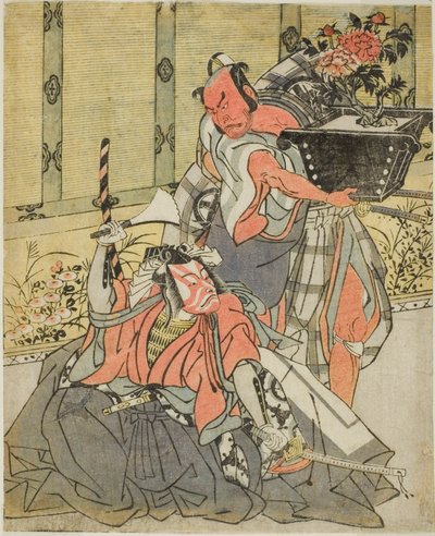 Les acteurs Otani Hiroemon III comme Shinagawa Okaminosuke (à droite), et Ichikawa Danjuro V comme Arashishi Otokonosuke (à gauche), dans la pièce Fuki Kaete Tsuki mo Yoshiwara - Katsukawa Shunsho