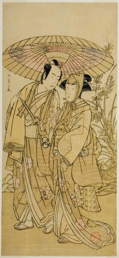 Les Acteurs Segawa Kikunojo III (à droite) comme Ochiyo, et Bando Mitsugoro I (à gauche) comme le marchand de légumes Hambei, dans la pièce Kabuki no Hana Bandai Soga, jouée au Théâtre Ichimura au quatrième mois, 1781 - Katsukawa Shunsho