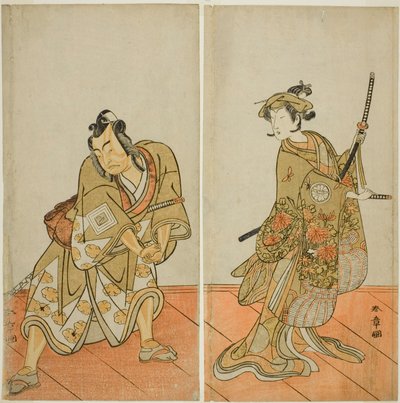 Les acteurs Segawa Kikunojo III comme Aigo no Waka (droite), et Ichikawa Yaozo II comme Hachio-maru Aratora (gauche), dans la pièce Chigo Sakura Jusan Kane, jouée au théâtre Ichimura en novembre 1774 - Katsukawa Shunsho