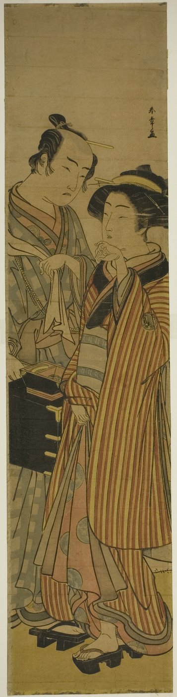 Les acteurs Segawa Kikunojo III en Okoma (à droite), et Arashi Sangoro III en coiffeur Obana Saizaburo (à gauche), dans la pièce Koi Musume Mukashi Hachijo, jouée au théâtre Nakamura en mars 1776 - Katsukawa Shunsho