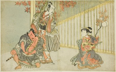 Les acteurs Yamashita Kinsaku II en Mutsuhana (à droite), Bando Mitsugoro I en Kashiwagi no Emon (au centre), et Nakamura Sukegoro II en Akamatsu Mushanosuke (à gauche), dans la pièce Fuki Kaete Tsuki mo Yoshiwara - Katsukawa Shunsho