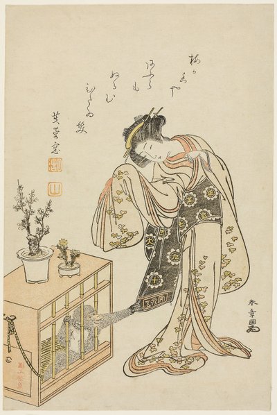 Jeune femme avec un singe en cage (estampe de calendrier pour la nouvelle année 1776) - Katsukawa Shunsho