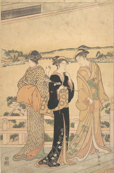 Trois femmes sur une véranda surplombant une baie - Katsukawa Shunzan