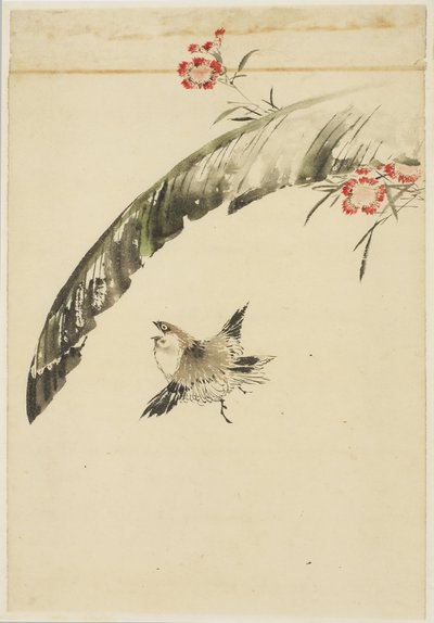 Moineau et feuille de bananier et œillets - Katsushika (school of) Hokusai
