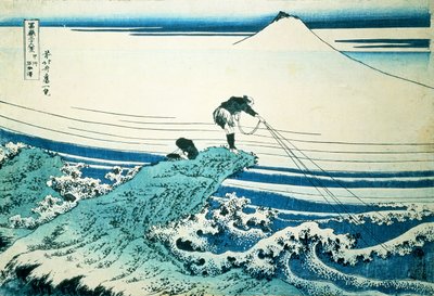 "Un pêcheur debout sur un promontoire rocheux à Kajikazawa dans la province de Kai", de la série "36 vues du mont Fuji", pub. vers 1830-31 - Katsushika Hokusai