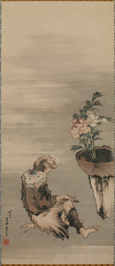 Un homme assis regardant des pivoines en pot, fin XVIIIe-début XIXe siècle - Katsushika Hokusai