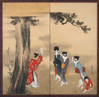 Un prêtre shinto, trois femmes et un enfant, période Edo, vers 1799 - Katsushika Hokusai